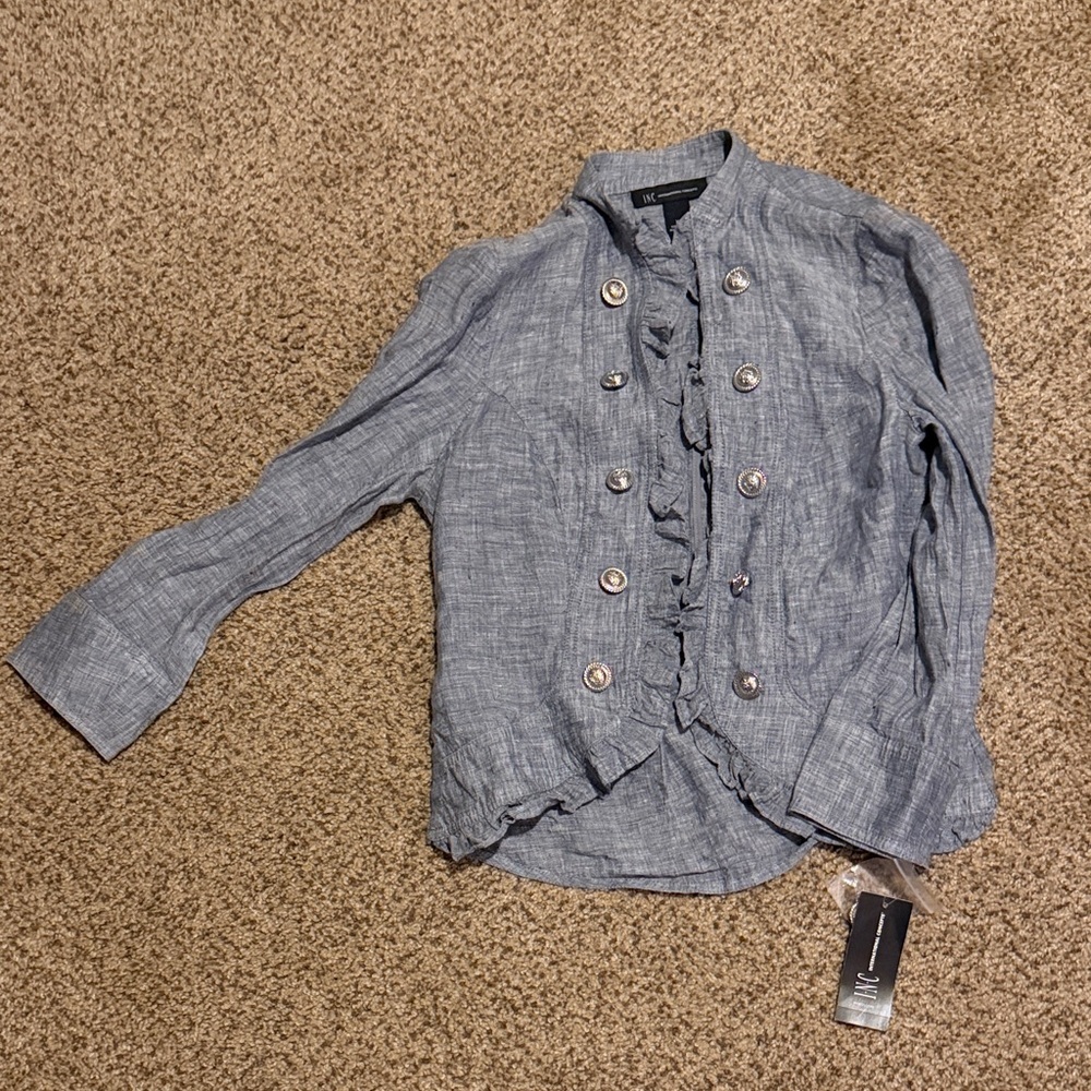 INC International Concepts Gray Ruffle Button-Up Top